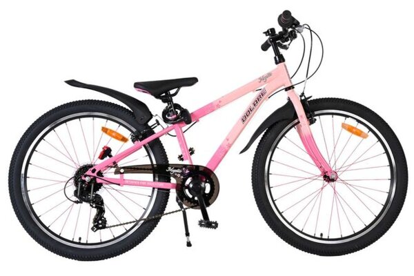 Rosa Mountainbike mit schwarzem Sattel und Reifen, 21-Gang-Schaltung