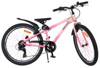 Rosa Mountainbike mit schwarzem Sattel und Reifen, 21-Gang-Schaltung
