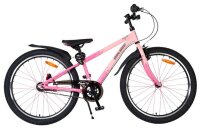 Rosa Mountainbike mit breiten Reifen und schwarzem Sattel