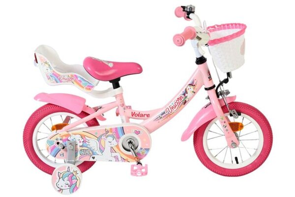 Rosa Kinderfahrrad mit Einhorn-Motiv und Korb vorne