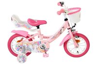 Rosa Kinderfahrrad mit Einhorn-Motiv und Korb vorne