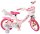 Rosa Kinderfahrrad mit Einhorn-Motiv und Korb vorne