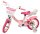 Rosa Kinderfahrrad mit Einhorn-Motiv und Korb vorne
