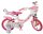 Rosa Kinderfahrrad mit Einhorn-Motiven und Korb vorne