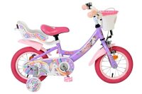 Lila Kinderfahrrad mit Einhorn-Motiv und pinken Reifen...