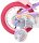 Buntes Kinderfahrrad mit Einhorn-Motiv und pinken Reifen