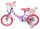 Kinderfahrrad in Lila mit Einhorn-Motiv und Korb vorne