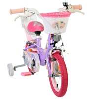 Lila Kinderfahrrad mit Einhorn-Motiv und Korb vorne