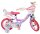 Lila Kinderfahrrad mit Einhorn-Motiv und Korb vorne