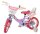 Lila Kinderfahrrad mit pinken Reifen und Korb vorne