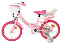 Rosa Kinderfahrrad mit Einhorn-Motiv und Korb vorne