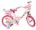 Rosa Kinderfahrrad mit Einhorn-Motiv und Korb vorne