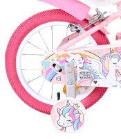 Rosa Kinderfahrrad mit Einhorn-Motiv und bunten Aufklebern