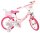 Rosa Kinderfahrrad mit Einhorn-Motiv und Korb vorne