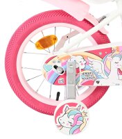 Rosa Kinderfahrrad mit Einhorn-Motiv und pinken Reifen
