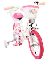 Kinderfahrrad mit Einhorn-Motiv, pinken Reifen und Korb vorne