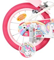 Rosa Kinderfahrrad mit Einhorn-Motiv und buntem Reifen