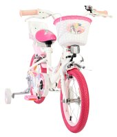 Kinderfahrrad in Pink mit Einhornmotiv und Korb vorne