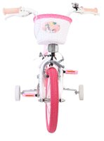 Kinderfahrrad mit pinkem Korb und Einhornmotiv, weiße Rahmenfarbe