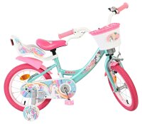Kinderfahrrad in Türkis und Pink mit Einhorn-Motiv und Korb