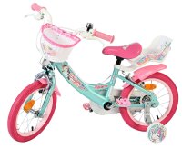 Kinderfahrrad in Türkis und Pink mit Korb und Einhornmotiv