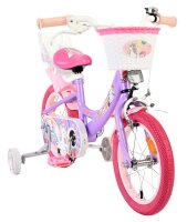Lila Kinderfahrrad mit Einhorn-Motiv und Korb vorne