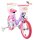 Lila Kinderfahrrad mit Einhorn-Motiv und Korb vorne