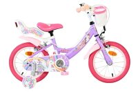 Lila Kinderfahrrad mit Einhorn-Motiv und pinken Details