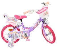 Kinderfahrrad in Lila mit Einhorn-Motiv und Korb vorne