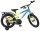 Kinderfahrrad in Blau und Gelb mit Stützrädern und Gepäckträger