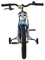 Fahrrad mit drei Rädern, blauer Rahmen und gelben Bremsleitungen