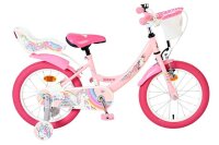 Rosa Kinderfahrrad mit Einhorn-Motiv und Korb vorne