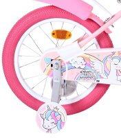 Pinkes Kinderfahrrad mit Einhorn-Motiv und buntem...