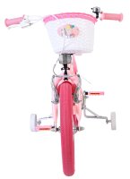 Rosa Kinderfahrrad mit Korb und bunten Griffen vorneansicht