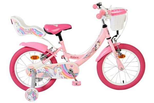 Rosa Kinderfahrrad mit Einhornmotiv und Korb vorne