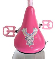 Rosa Fahrradsitz mit Einhorn-Design und Regenbogenmotiven