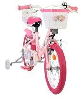 Rosa Kinderfahrrad mit Einhorn-Motiv und Korb vorne