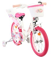Kinderfahrrad in Weiß mit pinken Akzenten und Korb vorne