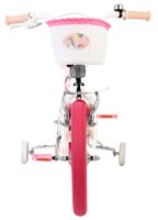 Kinderfahrrad mit pinken Reifen und Korb vorne, weiß und rosa gestaltet