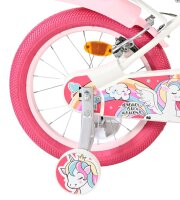 Buntes Kinderfahrrad mit pinkem Reifen und Einhorn-Motiv