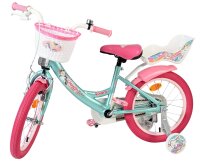 Kinderfahrrad in Mintgrün mit pinken Akzenten und Korb vorne