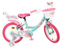 Kinderfahrrad in Türkis und Pink mit Einhorn-Motiv und Korb