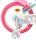 Buntes Kinderfahrrad mit Einhorn-Motiv und pinken Reifen