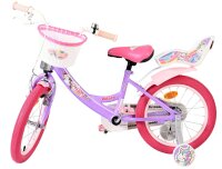 Lila Kinderfahrrad mit Korb und pinken Reifen, einhornmotiviert