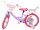 Lila Kinderfahrrad mit Korb und pinken Reifen, einhornmotiviert
