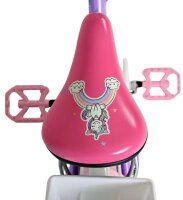 Rosa Fahrradsattel mit Einhorn-Design und Regenbogenmotiven
