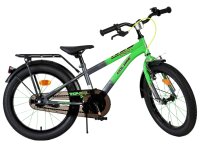 Kinderfahrrad in Grün und Grau mit stabilen Reifen und Gepäckträger