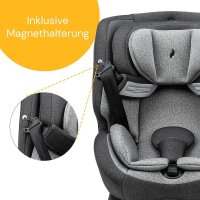 Grauer Osann One360° i-Size Kindersitz mit gepolstertem Kopf- und Schulterbereich sowie praktischer Magnethalterung für die Gurte – sicherer und komfortabler Autositz für Babys und Kinder