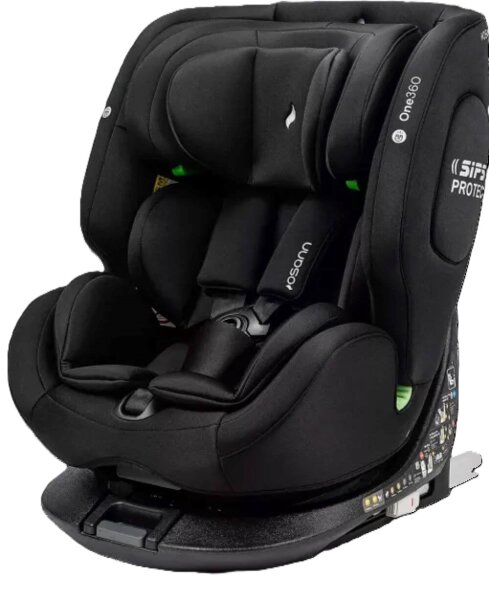 Osann One360° i-Size Kindersitz in All Black, gepolstert mit verstellbarem Kopf- und Gurtsystem für Kinder von 40 bis 150 cm von vorne, Gurt geschlossen
