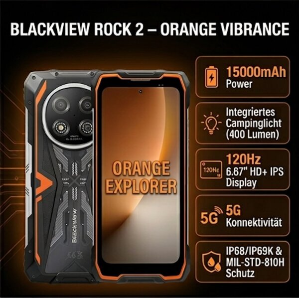 Blackview ROCK 2 Outdoor Smartphone | 5G, Android 16, 12+36GB RAM, 256GB, 15000mAh, 120Hz